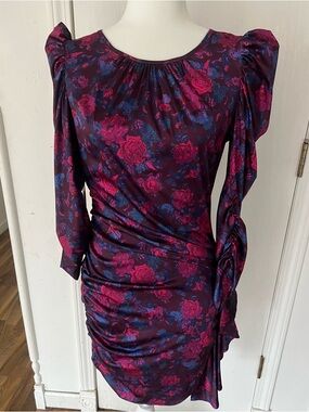 For Love & Lemons Burgundy Satin Floral Dress Pink & Blue, puff long sleeves, M
